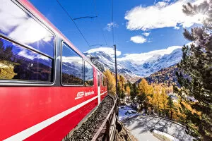 Bernina Express train surrounded by colorful woods and snowy peaks Bernina Pass Canton