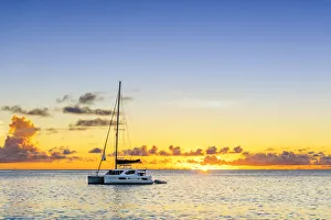 Praslin Prints: Berthed yacht in the bay of Anse Georgette, Praslin, Seychelles, Africa