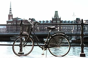 Images Dated 25th May 2022: Bicycle near the river in Stockholm, winter day, snow. Sweden, Europe