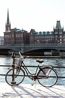 Images Dated 25th May 2022: Bicycle near the river in Stockholm, winter day, snow. Sweden, Europe