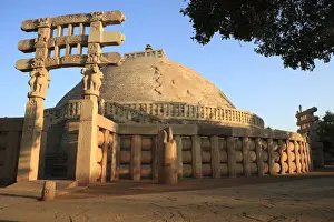 Madhya Pradesh Prints: Big stupa (II c. BC) and torana, UNESCO World Heritage site, Sanchi, Madhya Pradesh