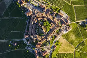 Serralunga Dalba Prints: Birds eye view of the medieval town of Serralunga d Alba and its castle
