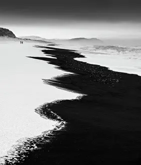 Jokulsarlon Prints: Black sand beach fringed by snow and surf, near Jokulsarlon, South Iceland