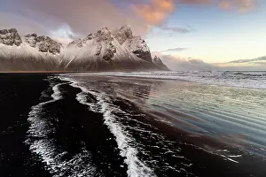 Icelandic Prints: Black volcanic sand beach with Vestrahorn in the distance, Stokksnes, South Iceland