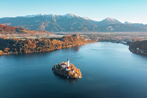 Julian Prints: Bled lake, Autumn morning, Slovenia, Europe. Aerial view