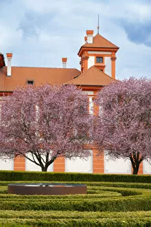 Blooming trees in garden of Troja Chateau in spring, Prague, Bohemia, Czech Republic