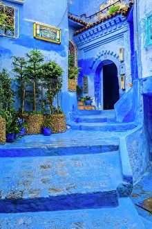 North African Prints: Blue alleyway and staircase, Chefchaouen, Morocco