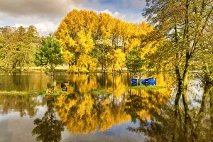 Horizontal Prints: Blue Boat in Autumn, Killin, Stirling, Scotland