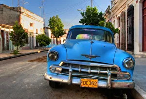Automobiles Prints: Blue car in Cienfuegos, Cuba, Caribbean