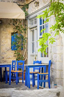 Taverna Prints: Blue chairs, Hydra Town, Hydra (Ydra), Saronic Islands, Greece