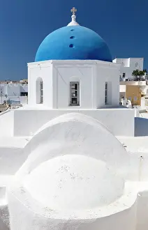 Blue Domed Prints: Blue domed church, Megalachori, Santorini, Cyclades Islands, Greece, Europe