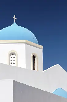 Blue Domed Prints: Blue domed church, Megalachori, Santorini, Cyclades Islands, Greece, Europe
