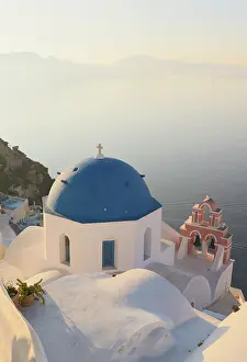 Blue Domed Prints: Blue domed churches, white-washed houses and steps with caldera view in the distance