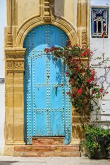 Medina Prints: Blue door and roses, Rabat, Morocco