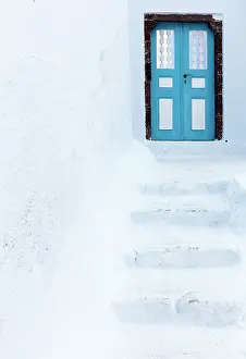 Aegean Prints: Blue door and white steps, Emporio, Santorini, Cyclades Islands, Greece, Europe