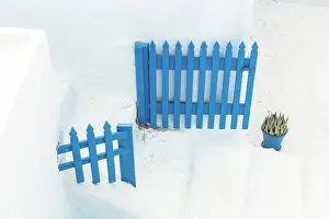 Aegean Prints: Blue gates and white steps, Emporio, Santorini, Cyclades Islands, Greece, Europe