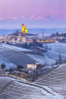 Northern Italy Collection: Blue hour on the medieval town of Serralunga d Alba