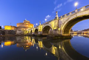 Historic Center Prints: Blue hour in Rome in front of the Sant Angelo bridge