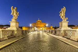 Historic Center Prints: Blue hour in Rome in front of the Sant Angelo bridge and Castel Sant Angelo