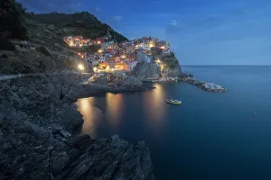 Street Lamp Prints: Blue hour over the small fishermen's town of Manarola