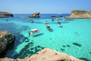 Blue Lagoon Prints: Blue Lagoon with Beaches and Cliffs on Comino Island, Malta