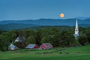 Township Prints: Blue moon rising over white-steeple church and red barn