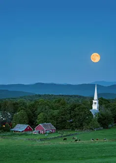 Township Prints: Blue moon rising over white-steeple church and red barn