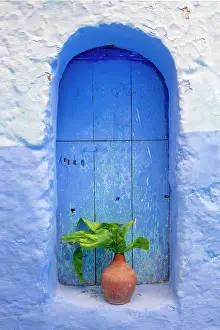 Chefchaouen Prints: Blue wall and door, Chefchaouen, Rif Mountain, Morocco