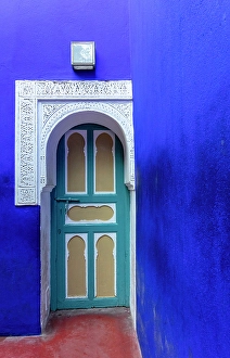 Blue Wall Prints: Blue wall and door, Majorelle Gardens, Marrakech, Morocco