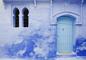 Chefchaouen Gallery: Blue wall, doorway and window, Chefchaouen, Morocco