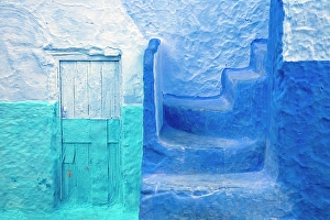 Chefchaouen Prints: Blue wall and steps, Rif Mountain, Chefchaouen, Morocco