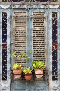 Cienfuegos Prints: Blue window shutters and ornate iron gill, Cienfuegos, Cienfuegos Province, Cuba