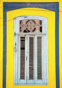 Window Shutters Prints: Blue and yellow wall withg faded blue window shutters, Habana Centro, Havana, Cuba