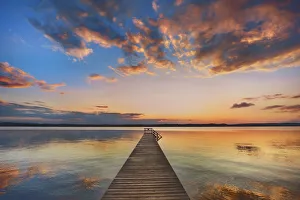 Back Light Prints: Boardwalk at lake - Germany, Bavaria, Upper Bavaria, Starnberg