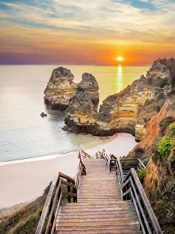 Algarve Prints: Boardwalk and Stairs to Camilo Beach at Sunrise Camilo Beach