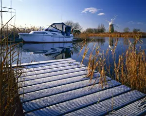 Thurne Prints: Boat Dock in Frost, River Thurne, Norfolk Broads National Park, Norfolk, England