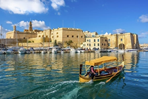 Esplanade Prints: Boat in the Grand Harbour Looking Towards Cospicua, Malta, Southern Europe