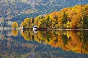 Images Dated 21st December 2020: Boat House on Lake Bohinj in Autumn, Julian Alps, Slovenia