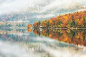 Images Dated 21st December 2020: Boat House on Lake Bohinj in Autumn, Julian Alps, Slovenia