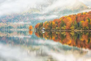 Images Dated 21st December 2020: Boat House on Lake Bohinj in Autumn, Julian Alps, Slovenia