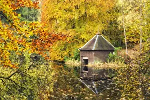 Perthshire Prints: Boat hut on lochshore, Faskally Forest, Pitlochry, Perthshire, Scotland, UK