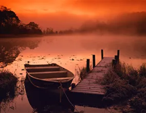 Isolate Prints: Boat & Jetty at Sunrise with swan, Elterwater, Lake District National Park, Cumbria