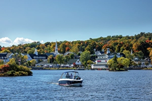 Lakeside Prints: A boat on Lake Winnipesaukee, Meredith, New Hampshire, New England, USA