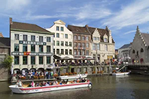Outdoor Cafe Prints: Boat on Leie Canal, Ghent, Flanders, Belgium