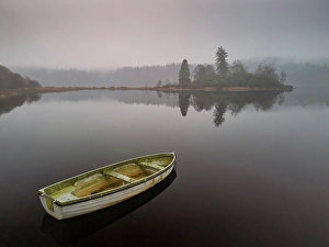 Dinghy Prints: Boat on Loch Achray in Mist, Trossachs National Park, Central Region, Scotland