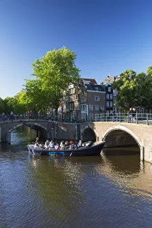 Boat on Prinsengracht canal, Amsterdam, Netherlands