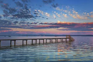 Boat ramp and fog bench - Germany, Bavaria, Upper Bavaria, Bad Tolz-Wolfratshausen, Munsing, Ambach - Funfseenland, Lake Starnberg