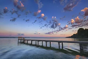 Boat ramp and fog bench - Germany, Bavaria, Upper Bavaria, Bad Tolz-Wolfratshausen, Munsing, Ambach - Funfseenland, Lake Starnberg