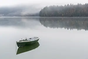 Oberbayern Prints: Boat on Sylvenstein Lake in the morning