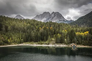 Mountain Lake Prints: Boathouse on Lake Blindsee with Zugspitze massif, Biberwier, Tyrol, Austria